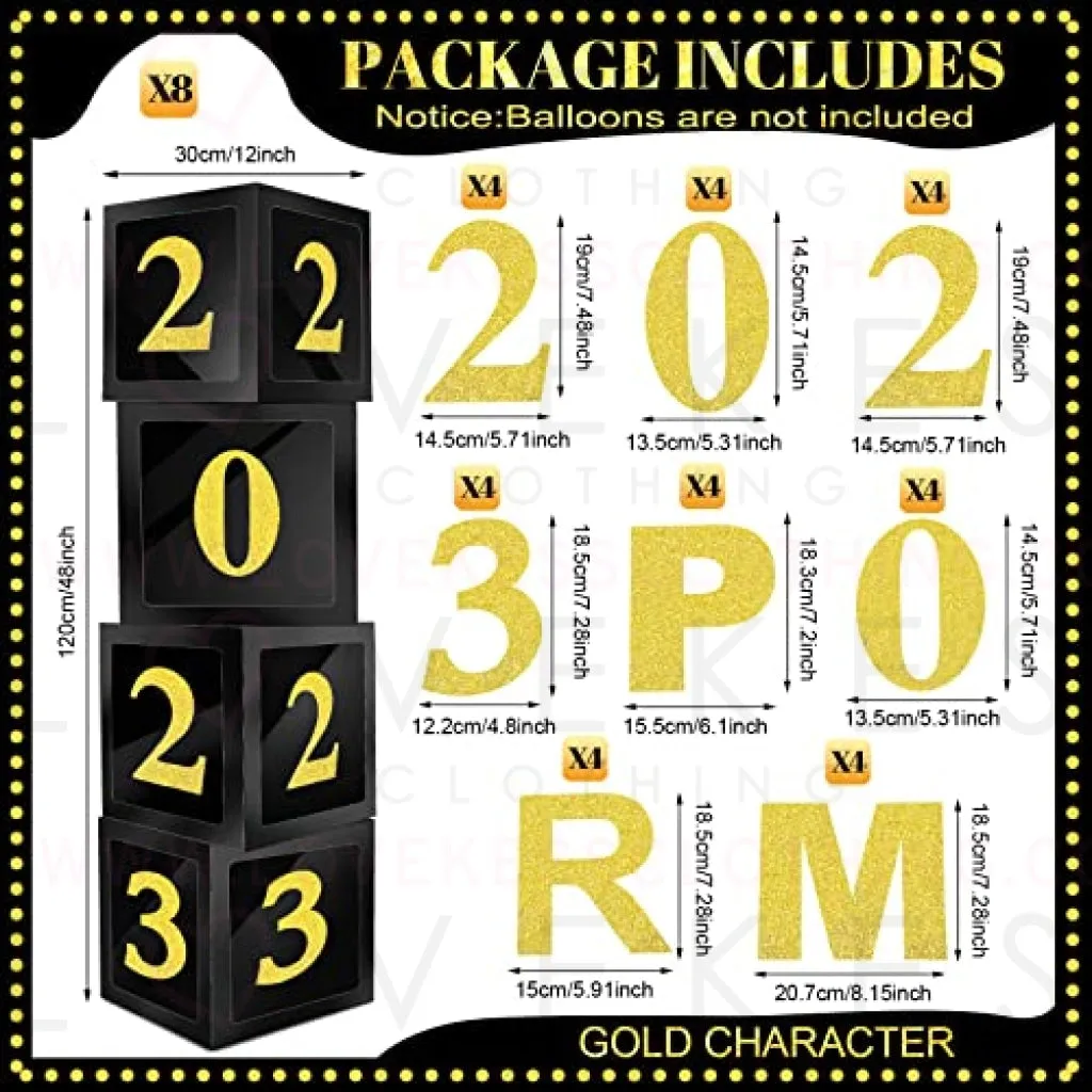 8 Pcs Prom Decorations Prom Column 12 Inches Balloons Boxes Set Senior Night Decorations Graduation Balloon Box Prom Decor for Indoor Outdoor Home Door Party Decorations (Black Gold)