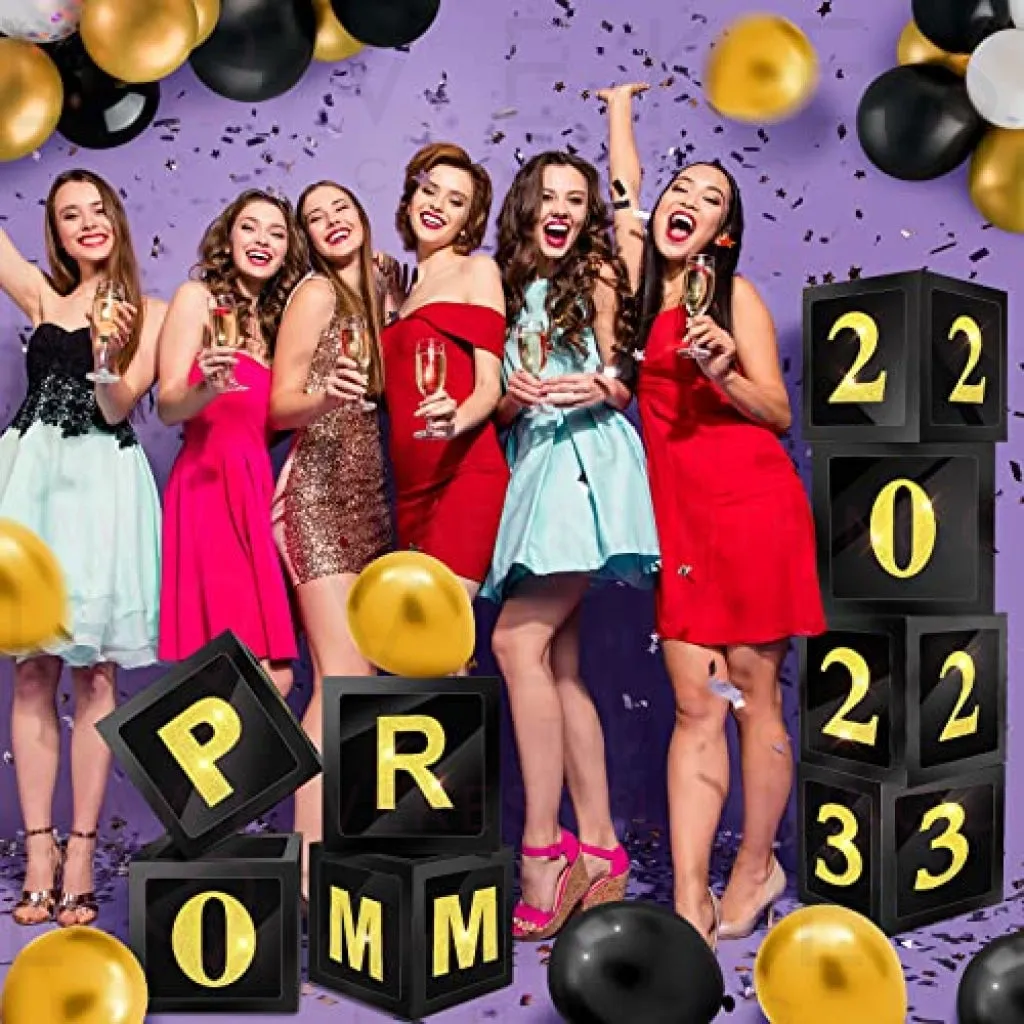 8 Pcs Prom Decorations Prom Column 12 Inches Balloons Boxes Set Senior Night Decorations Graduation Balloon Box Prom Decor for Indoor Outdoor Home Door Party Decorations (Black Gold)