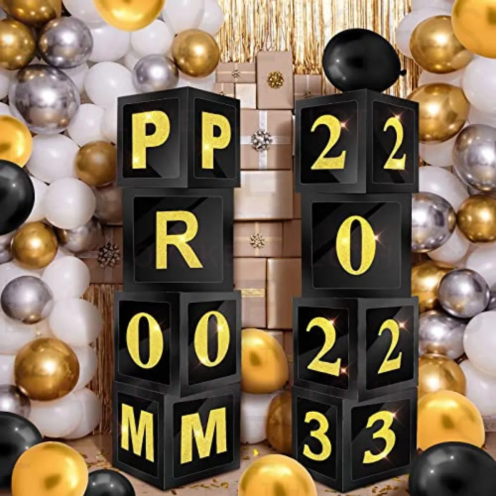 8 Pcs Prom Decorations Prom Column 12 Inches Balloons Boxes Set Senior Night Decorations Graduation Balloon Box Prom Decor for Indoor Outdoor Home Door Party Decorations (Black Gold)