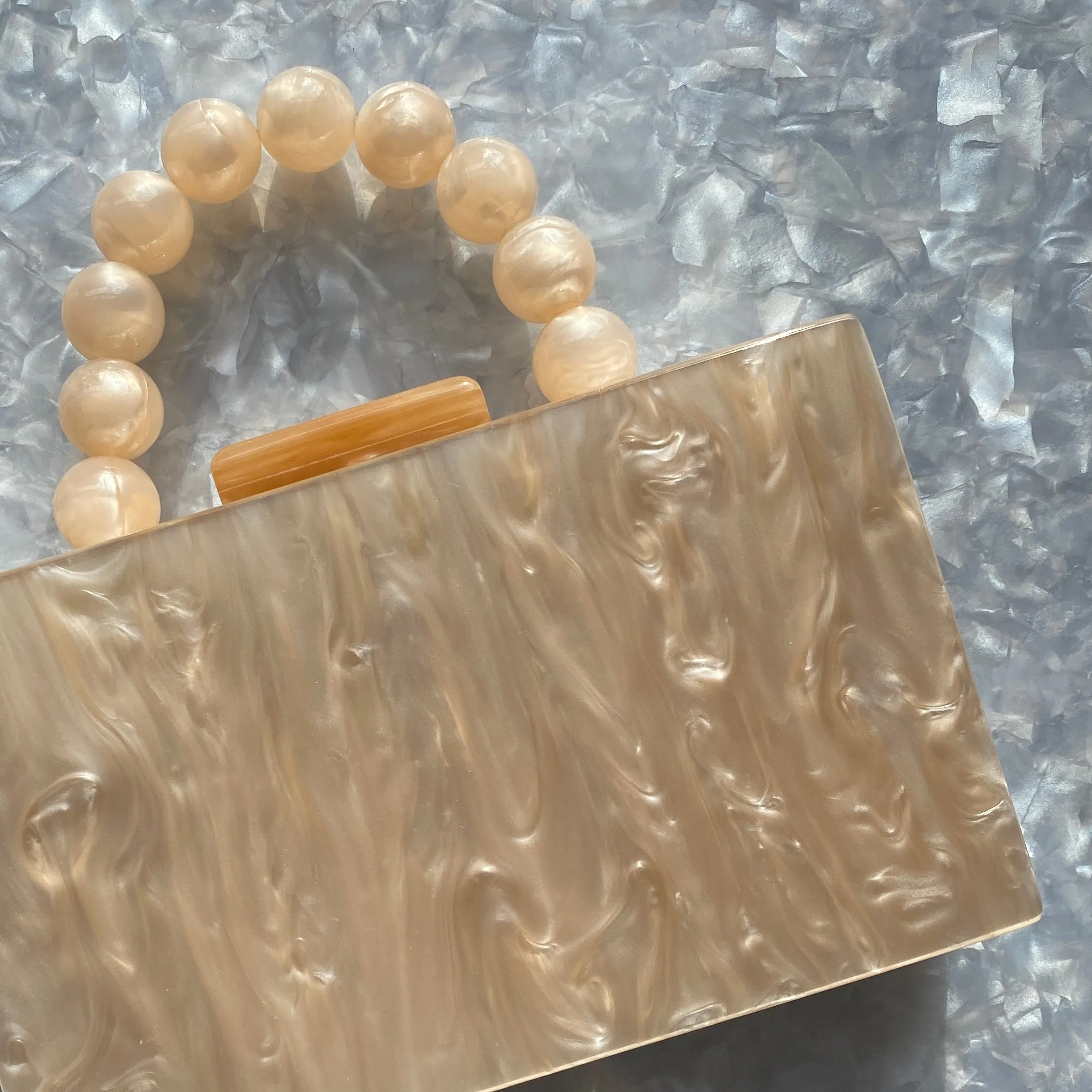 Acrylic Party Box in Pearly Beige with Beaded Handle