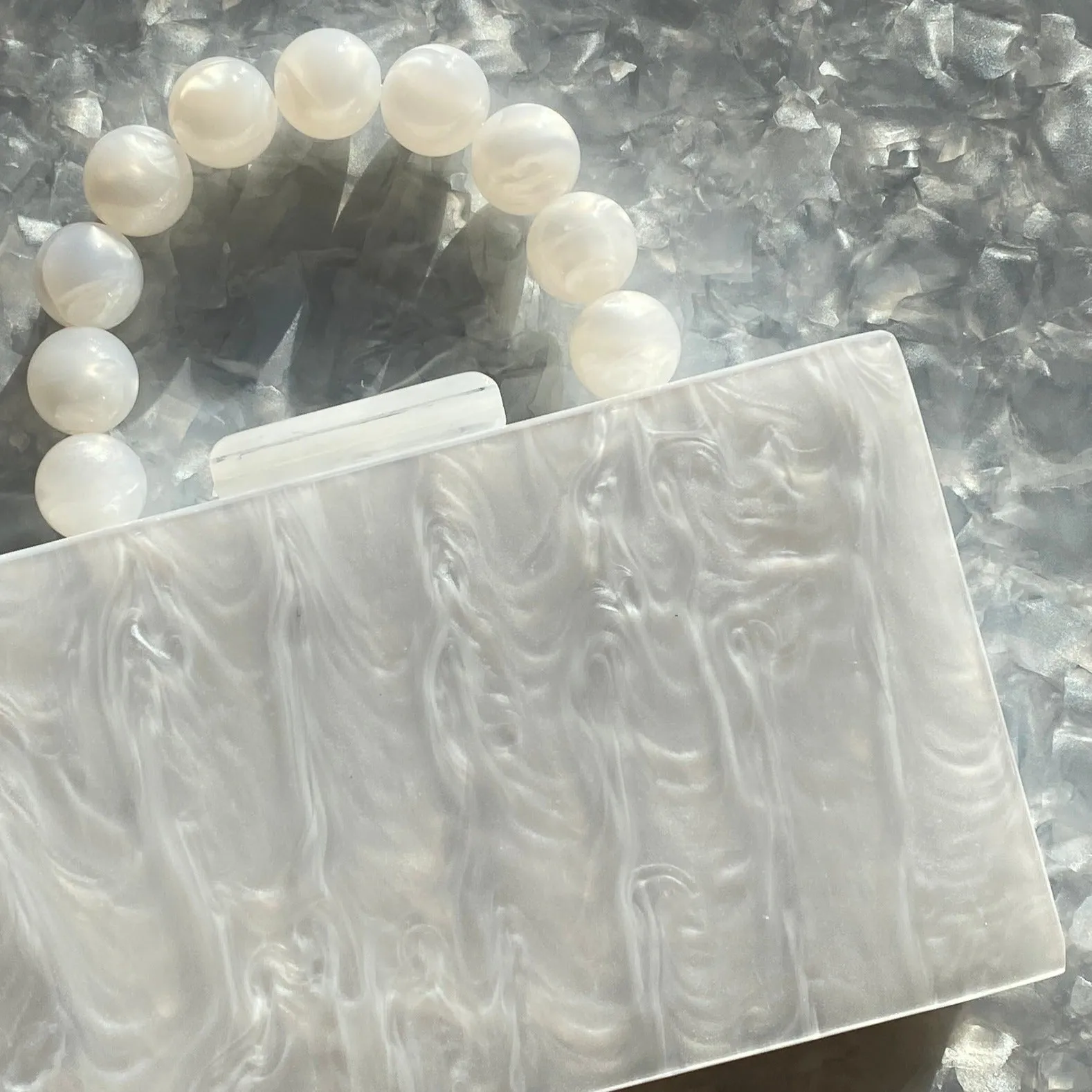 Acrylic Party Box in Pearly White with Beaded Handle