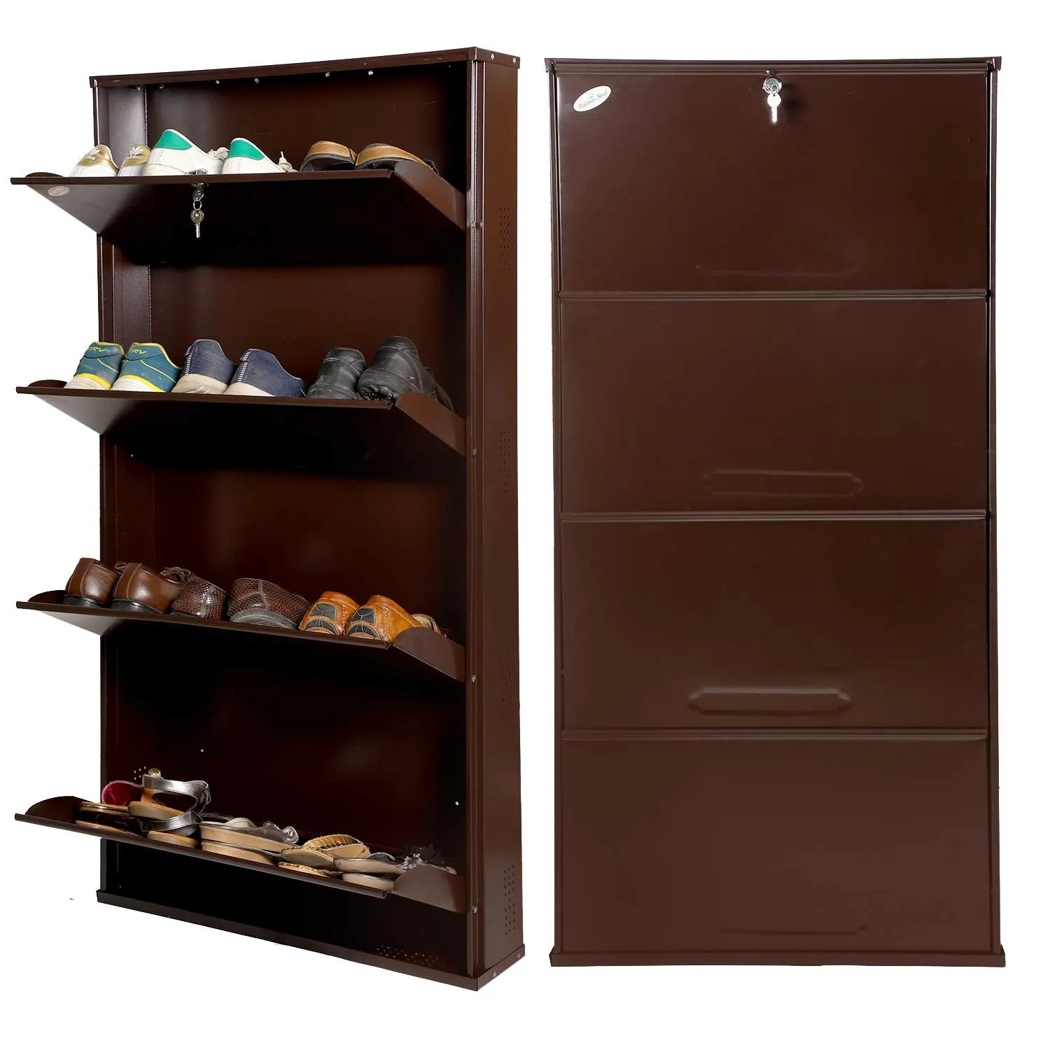 Babbar Steel 26 Inches Wide 4 Door Powder Coated Wall Mounted Metallic Shoe Rack (Brown,4 Shelves)