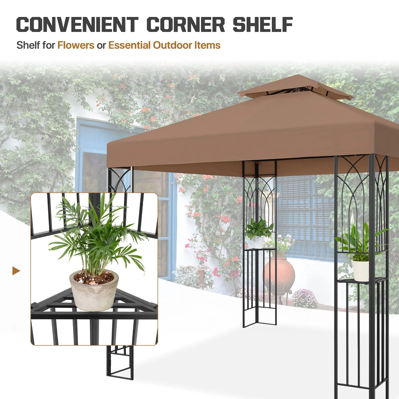 COOS BAY 8x8 Outdoor Patio Gazebo with Corner Shelves, Two-Tier Soft Top Canopy with Drain Hole
