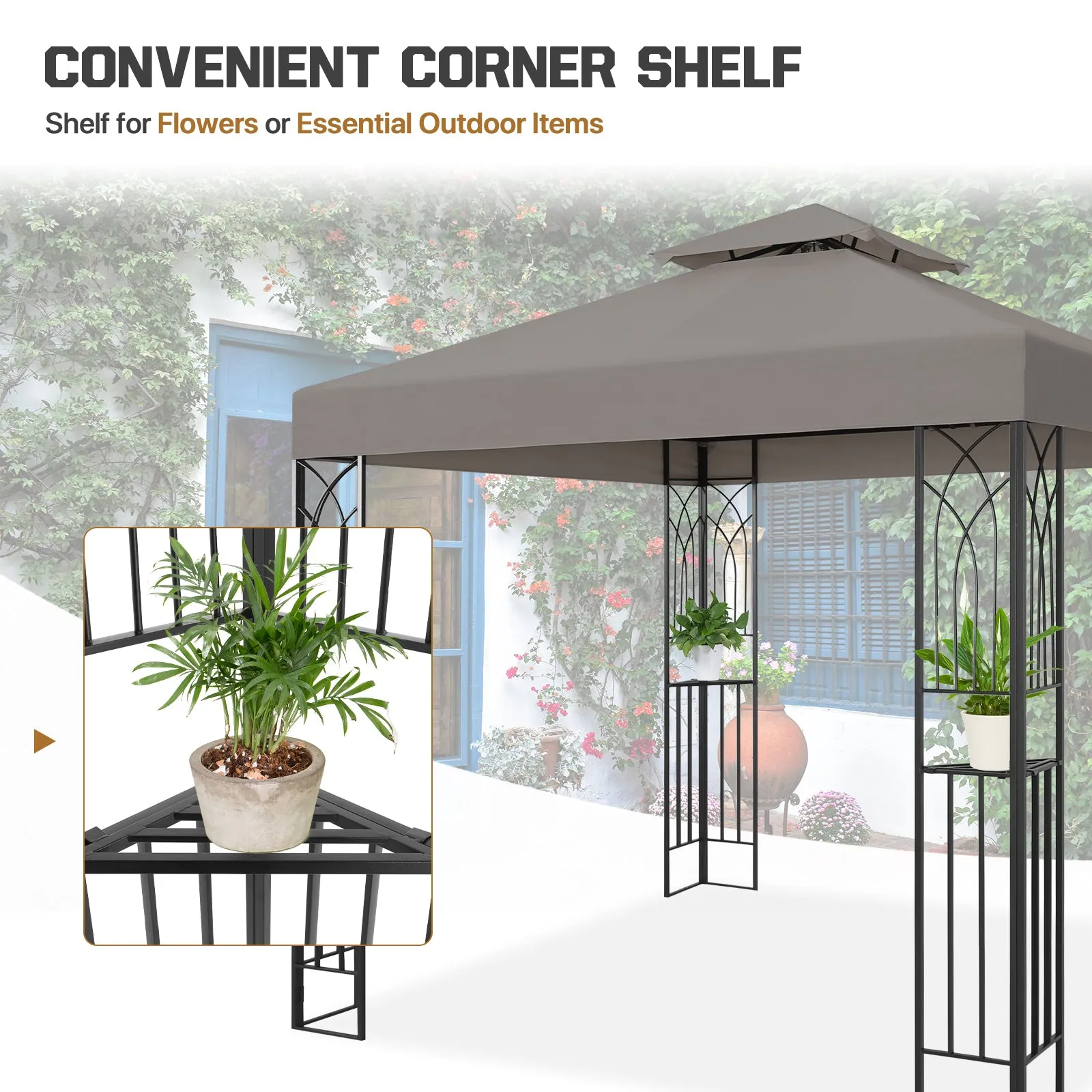 COOS BAY 8x8 Outdoor Patio Gazebo with Corner Shelves, Two-Tier Soft Top Canopy with Drain Hole