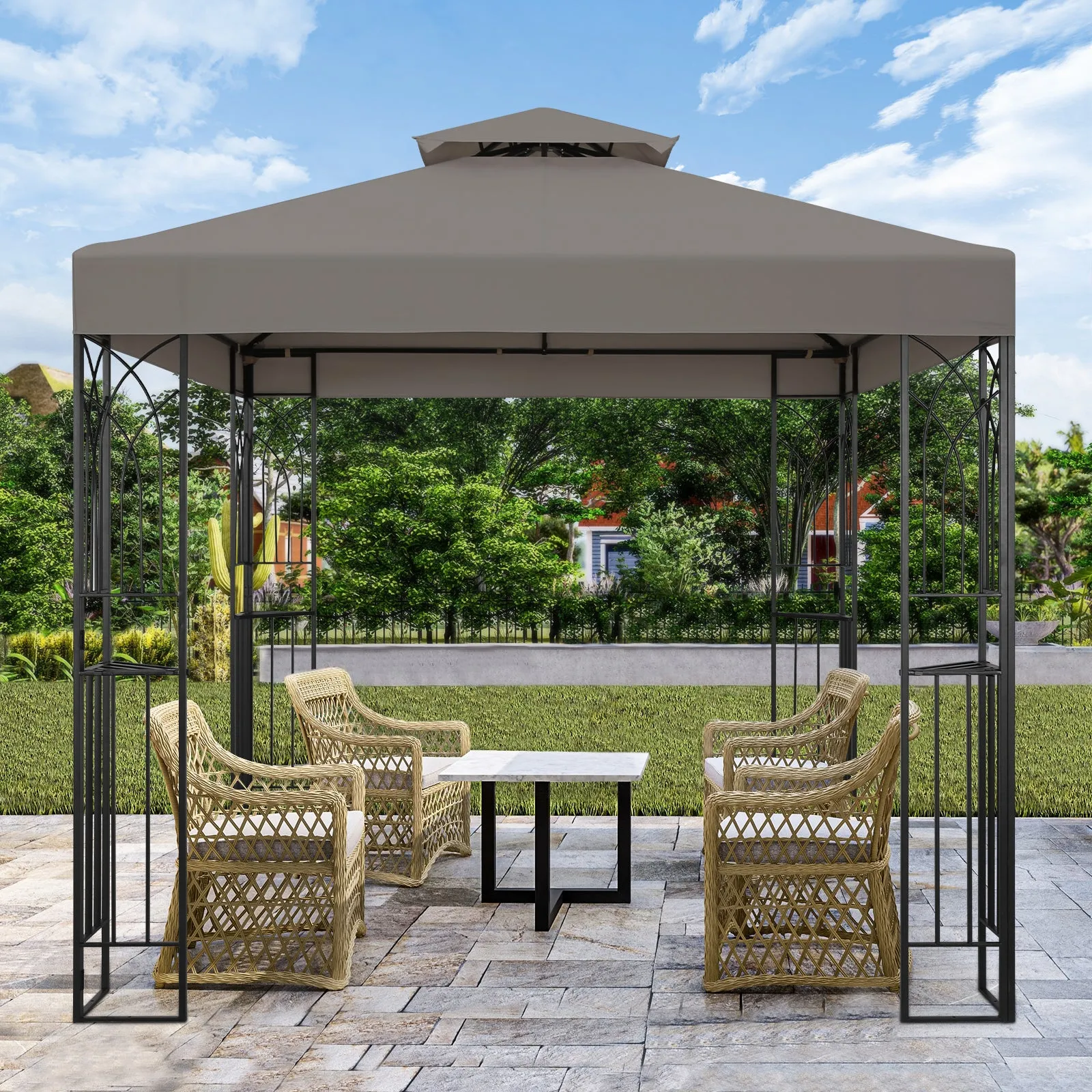 COOS BAY 8x8 Outdoor Patio Gazebo with Corner Shelves, Two-Tier Soft Top Canopy with Drain Hole