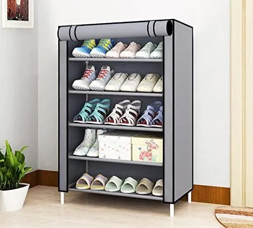 Kuber Industries Shoe Rack|Non-Woven 5 Shelves Shelf|Foldable Storage Rack Organizer for Shoe, Books-Pack of 3(Black)