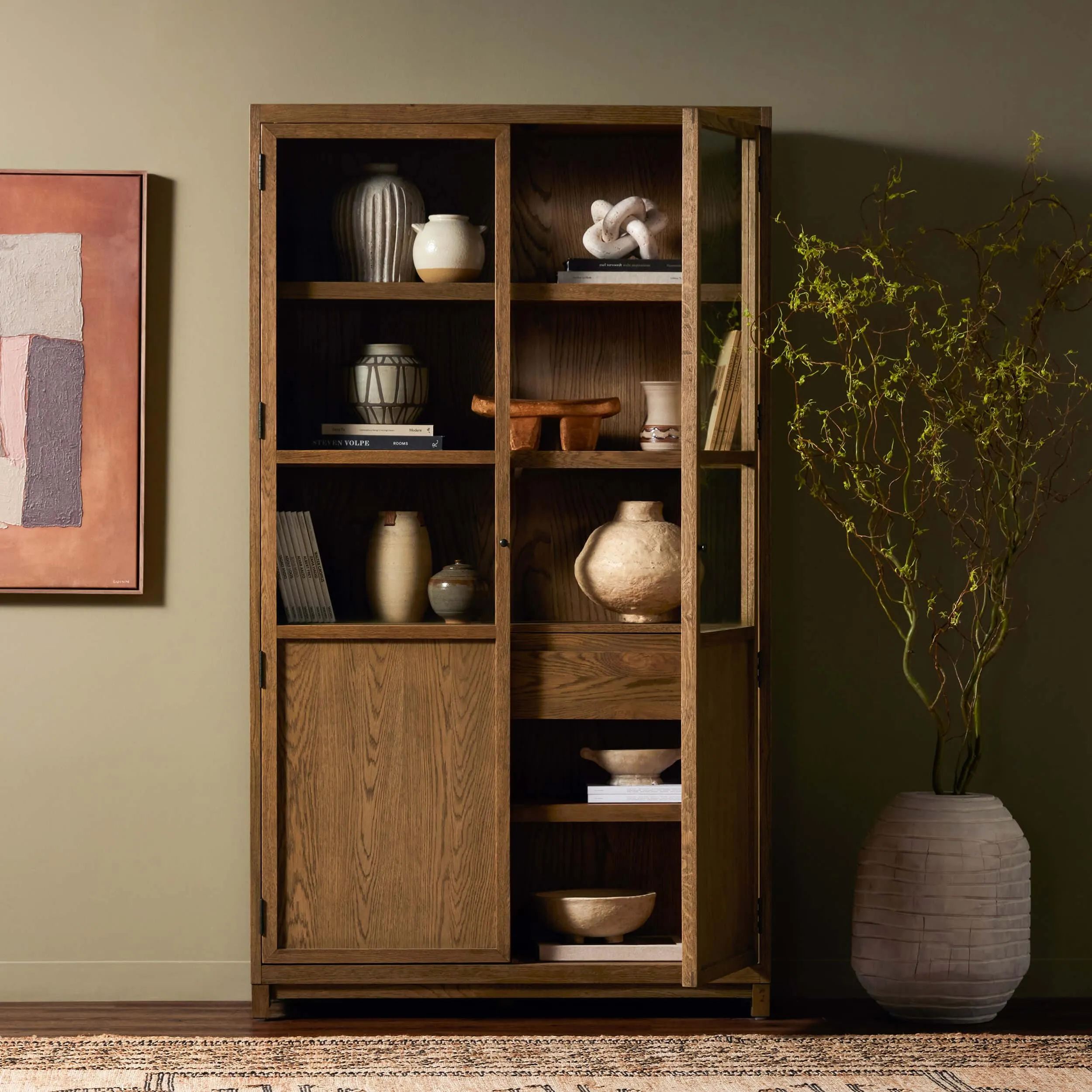 Millie Panel and Glass Door Cabinet, Drifted Oak