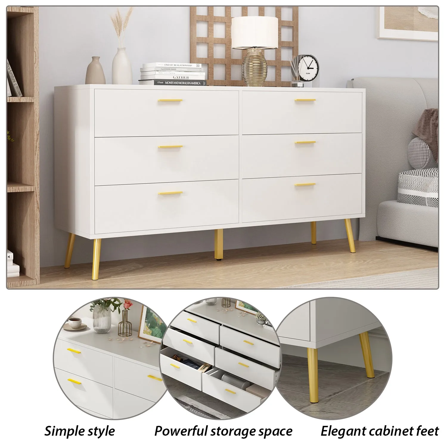 Modern Sideboard Double Dresser with 6 Drawers