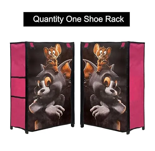 RAXON WORLD Multipurpose Collapsible 4 layer Metal Tom & Jerry Cartoon Printed Shoe Stand, Shoe Organiser for Home & Office (Pink, Metal)
